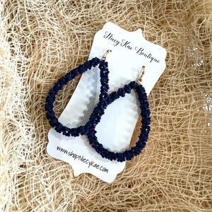 Navy Floral Teardrop Hoop Earrings
